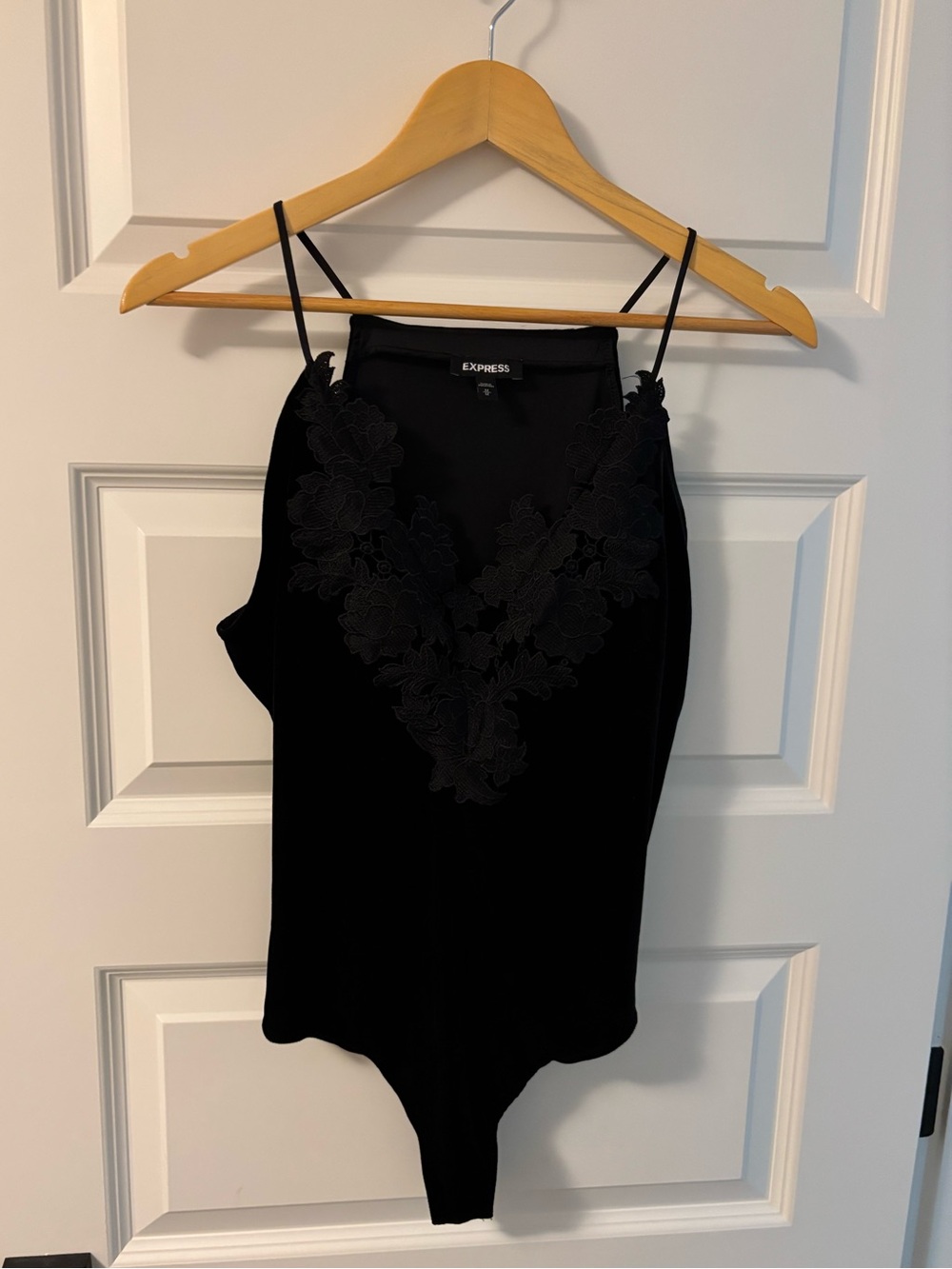 Express Black Lace V-Neck Velour Bodysuit